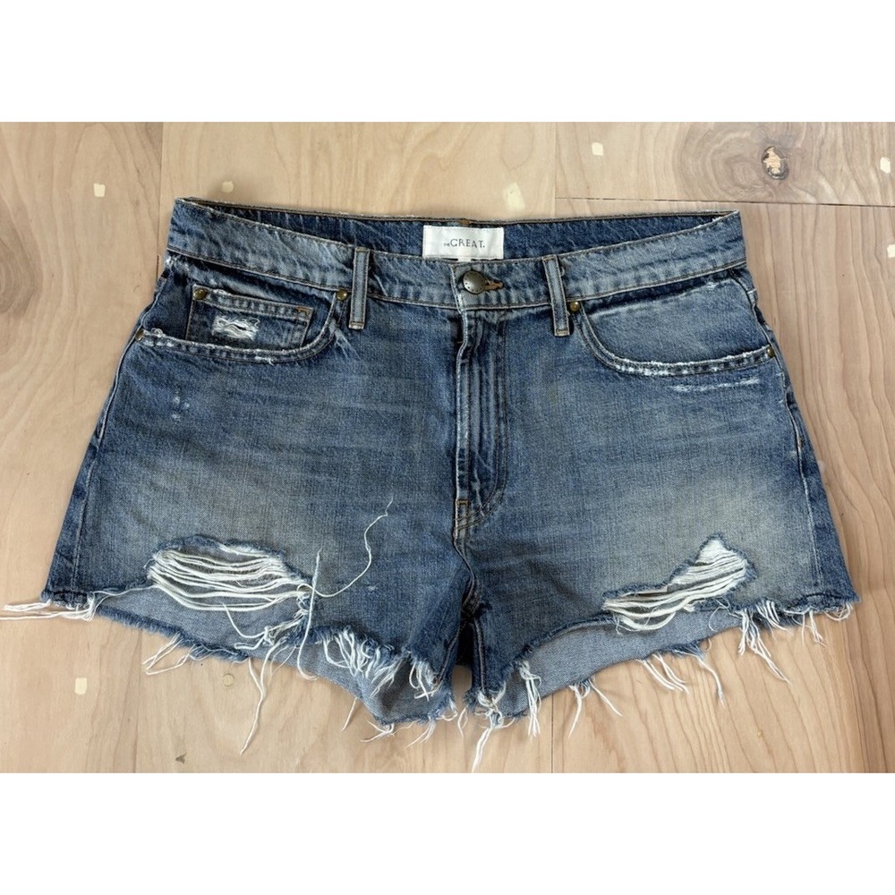 The Great Denim The Cut Off Shorts Blue Jeans Raw Hem Distressed Women's 28